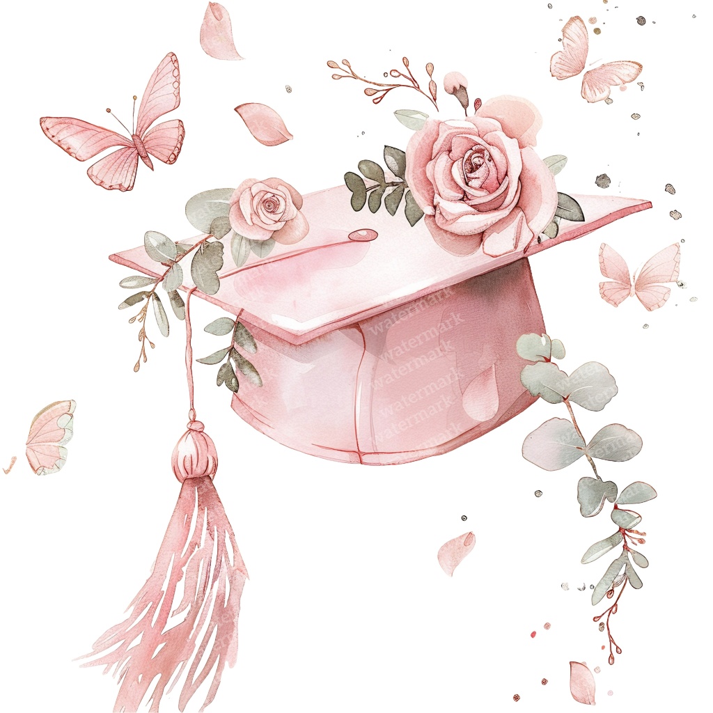 【商用利用可】ピンク卒業帽(水彩グラデーションキャップ)クリップアート20点セット|高解像度PNG|卒業パーティー・コラージュ・ジャンクジャーナル素材|即ダウンロード