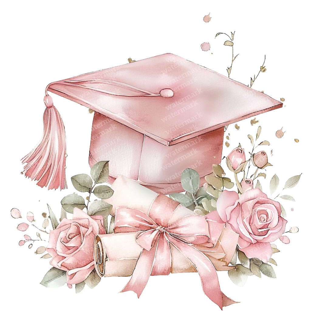【商用利用可】ピンク卒業帽(水彩グラデーションキャップ)クリップアート20点セット|高解像度PNG|卒業パーティー・コラージュ・ジャンクジャーナル素材|即ダウンロード