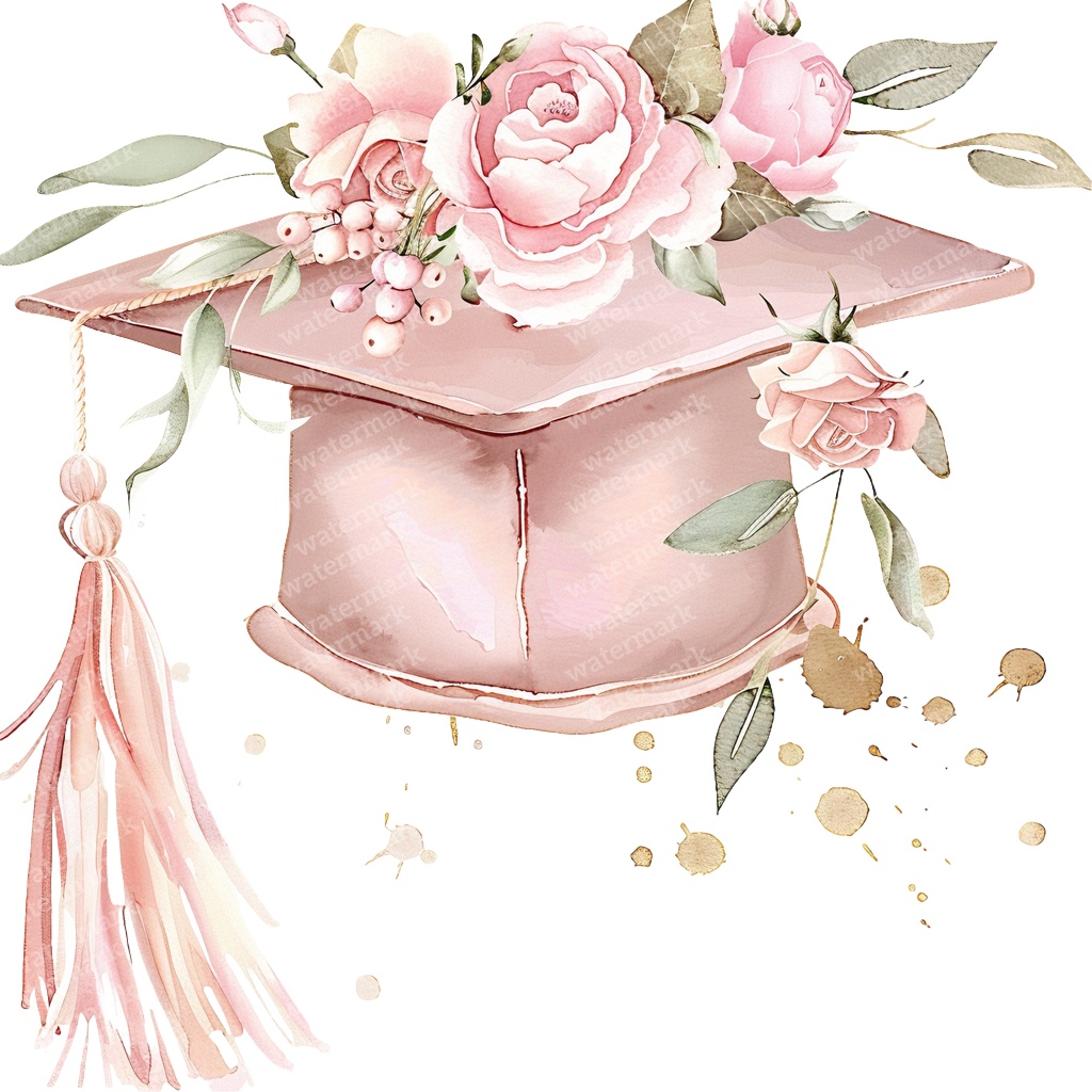 【商用利用可】ピンク卒業帽(水彩グラデーションキャップ)クリップアート20点セット|高解像度PNG|卒業パーティー・コラージュ・ジャンクジャーナル素材|即ダウンロード