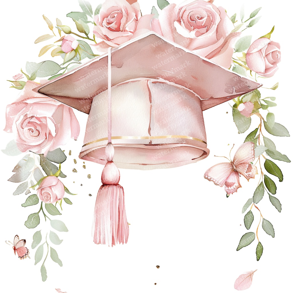 【商用利用可】ピンク卒業帽(水彩グラデーションキャップ)クリップアート20点セット|高解像度PNG|卒業パーティー・コラージュ・ジャンクジャーナル素材|即ダウンロード