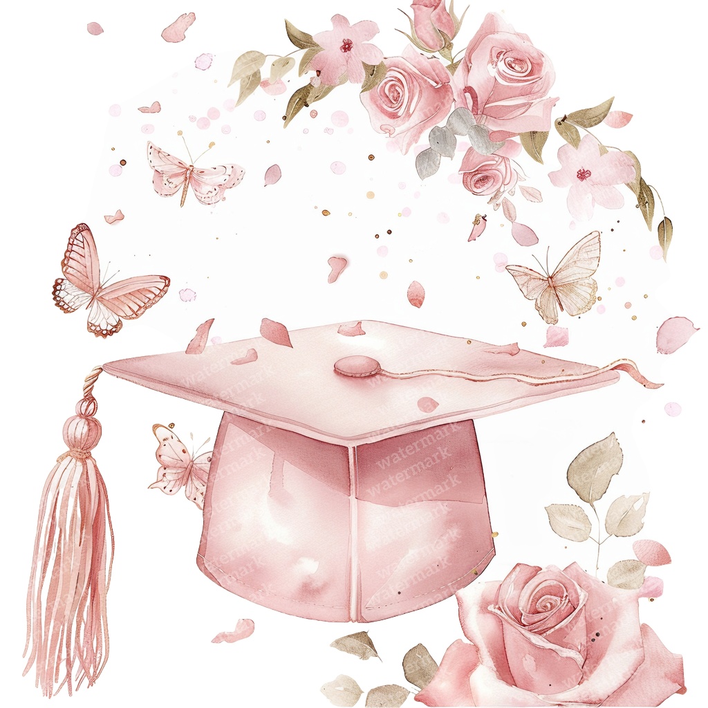 【商用利用可】ピンク卒業帽(水彩グラデーションキャップ)クリップアート20点セット|高解像度PNG|卒業パーティー・コラージュ・ジャンクジャーナル素材|即ダウンロード