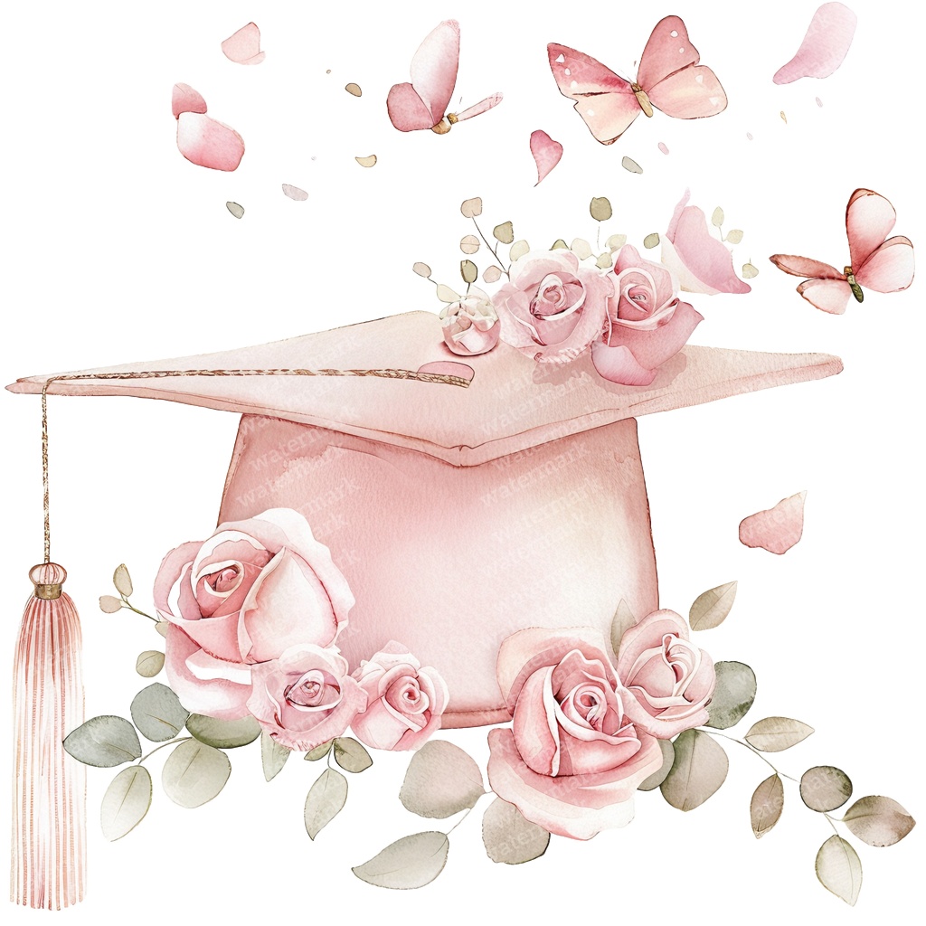 【商用利用可】ピンク卒業帽(水彩グラデーションキャップ)クリップアート20点セット|高解像度PNG|卒業パーティー・コラージュ・ジャンクジャーナル素材|即ダウンロード