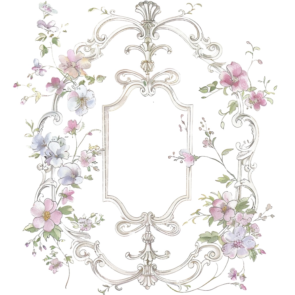 【商用利用可】ロココ調フローラルフレーム(水彩ヴィンテージ装飾枠)クリップアート20点セット|高解像度PNG|ウェディング・コラージュ・ジャンクジャーナル素材|即ダウンロード