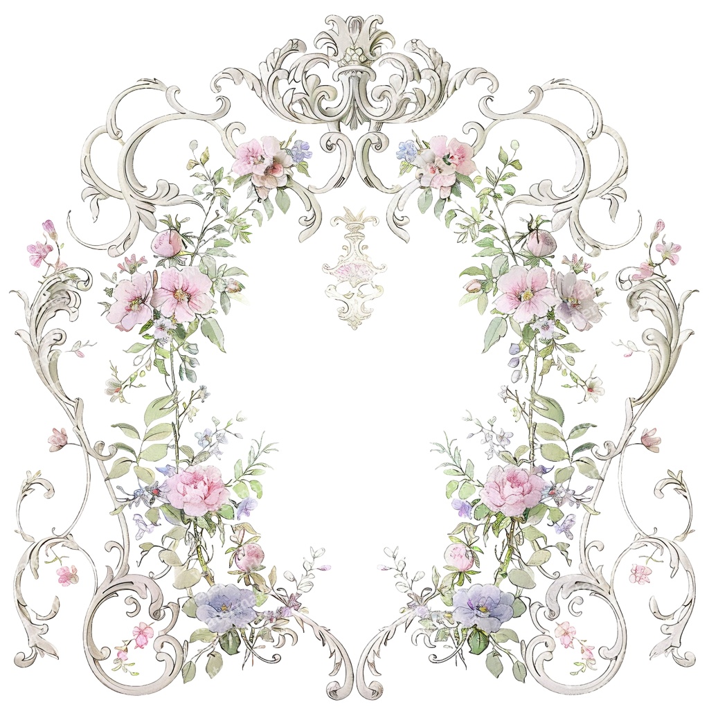 【商用利用可】ロココ調フローラルフレーム(水彩ヴィンテージ装飾枠)クリップアート20点セット|高解像度PNG|ウェディング・コラージュ・ジャンクジャーナル素材|即ダウンロード