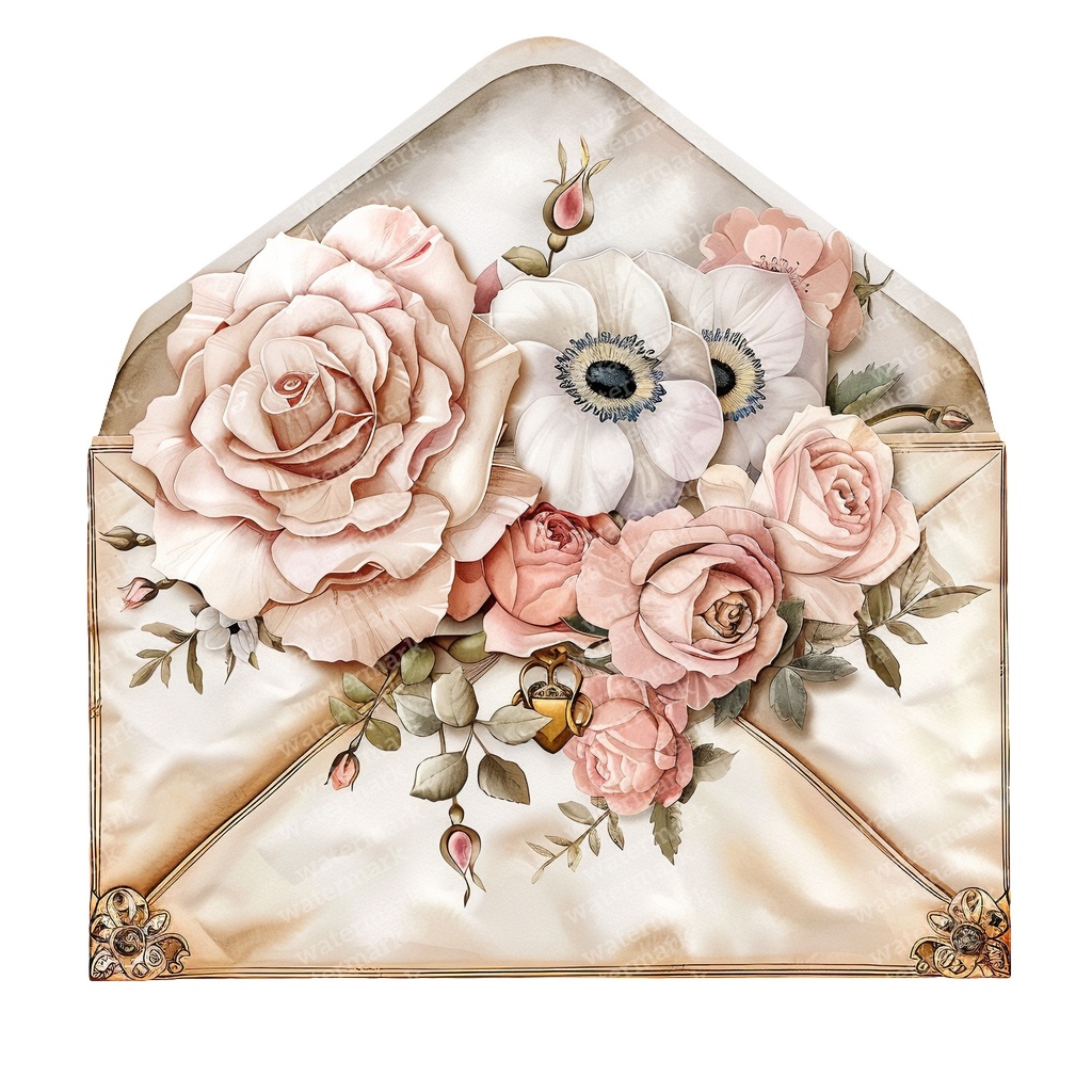 【商用利用可】ヴィンテージ花封筒(水彩フローラルエンベロープ)クリップアート16点セット|高解像度・透過PNG|レター素材・コラージュ・ジャンクジャーナル素材|即ダウンロード