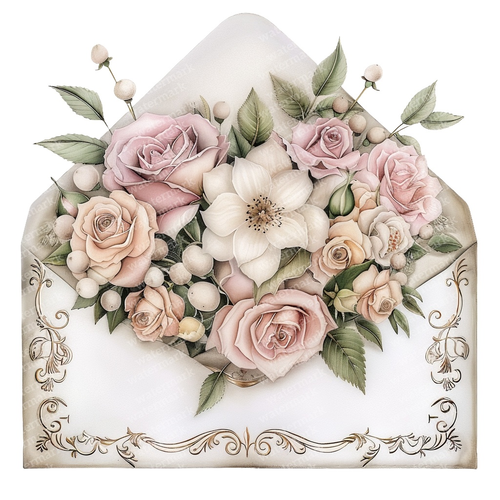 【商用利用可】ヴィンテージ花封筒(水彩フローラルエンベロープ)クリップアート16点セット|高解像度・透過PNG|レター素材・コラージュ・ジャンクジャーナル素材|即ダウンロード