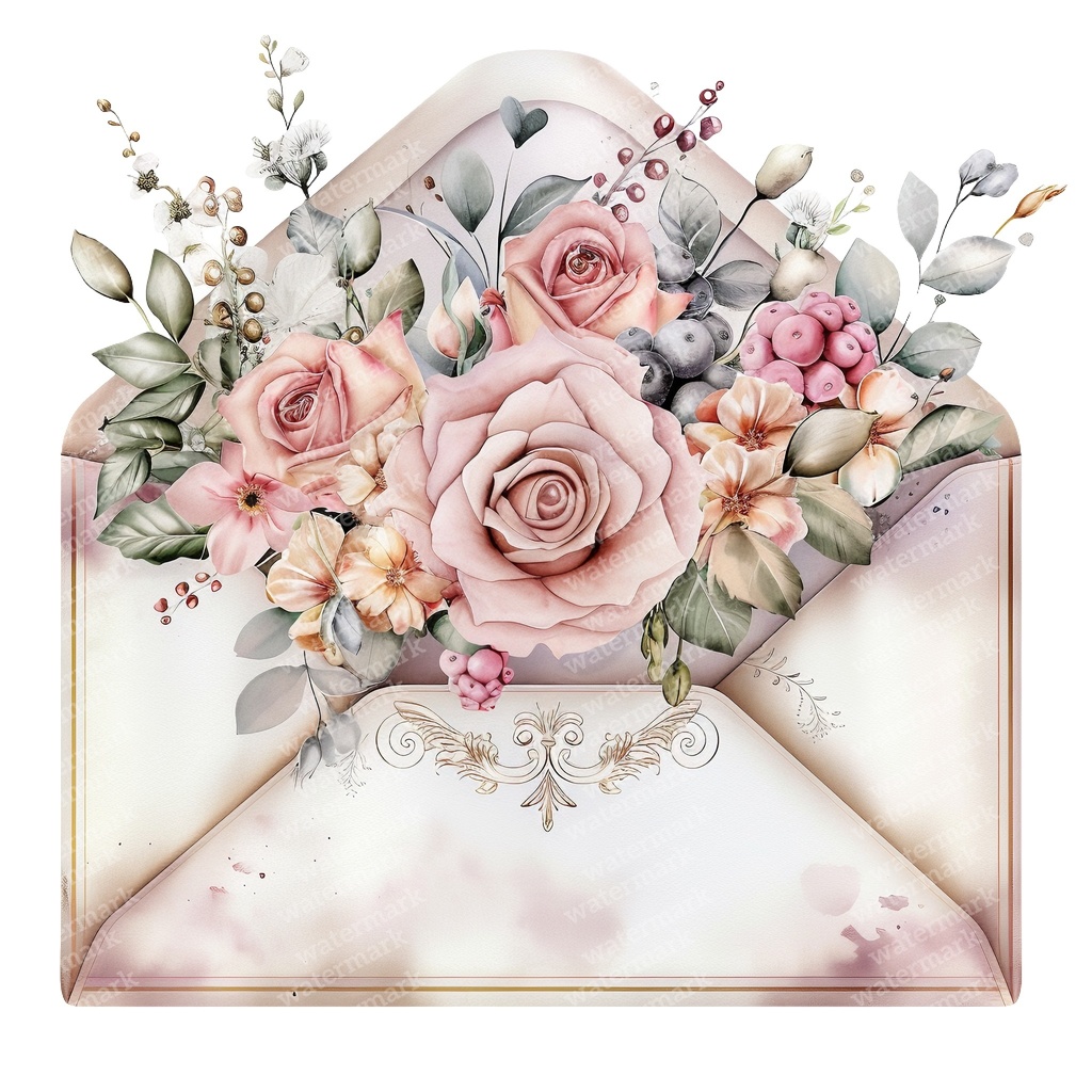 【商用利用可】ヴィンテージ花封筒(水彩フローラルエンベロープ)クリップアート16点セット|高解像度・透過PNG|レター素材・コラージュ・ジャンクジャーナル素材|即ダウンロード