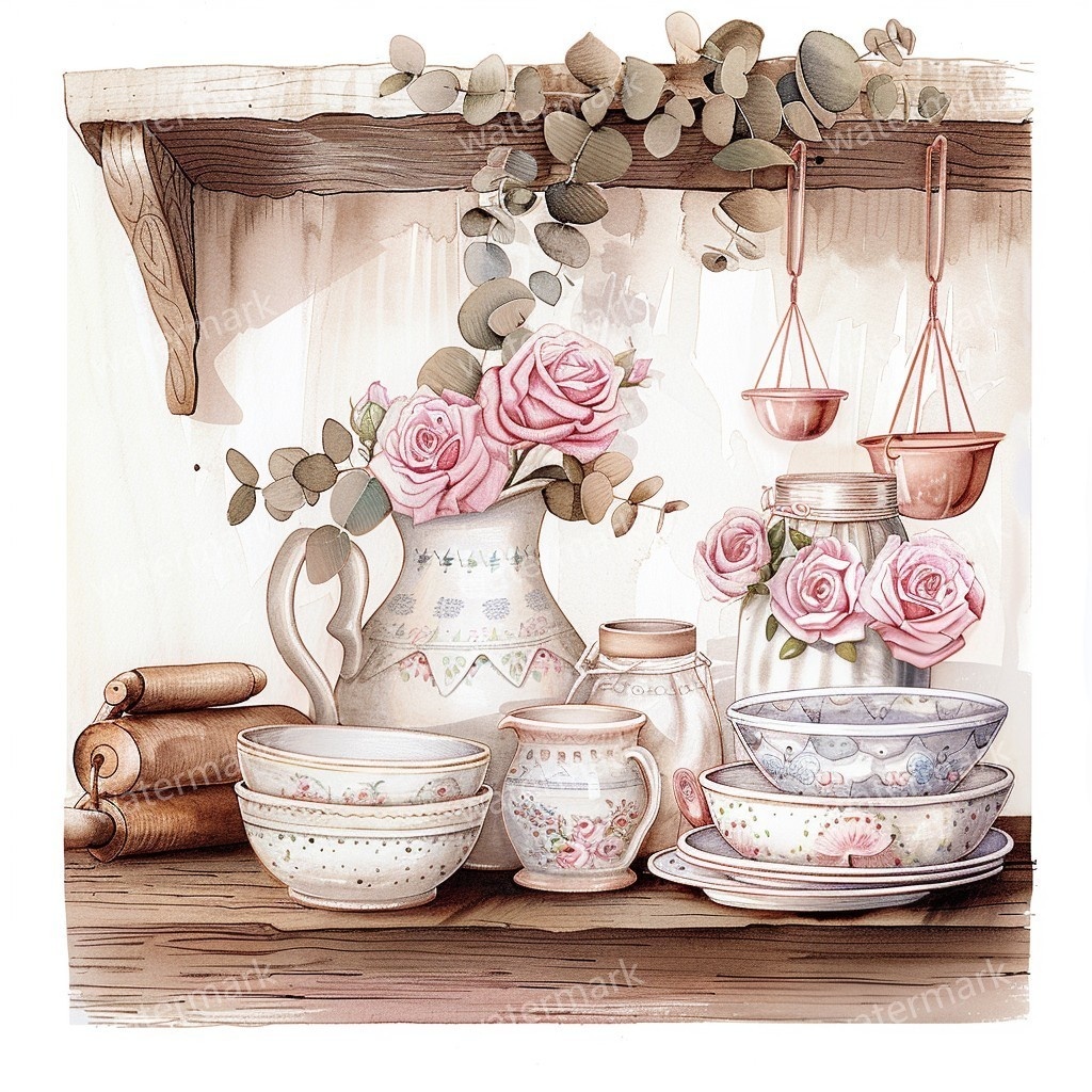 【商用利用可】ヴィンテージ花柄キッチン(水彩キッチン雑貨)クリップアート20点セット|高解像度JPG|ナチュラル・コラージュ・ジャンクジャーナル素材|即ダウンロード