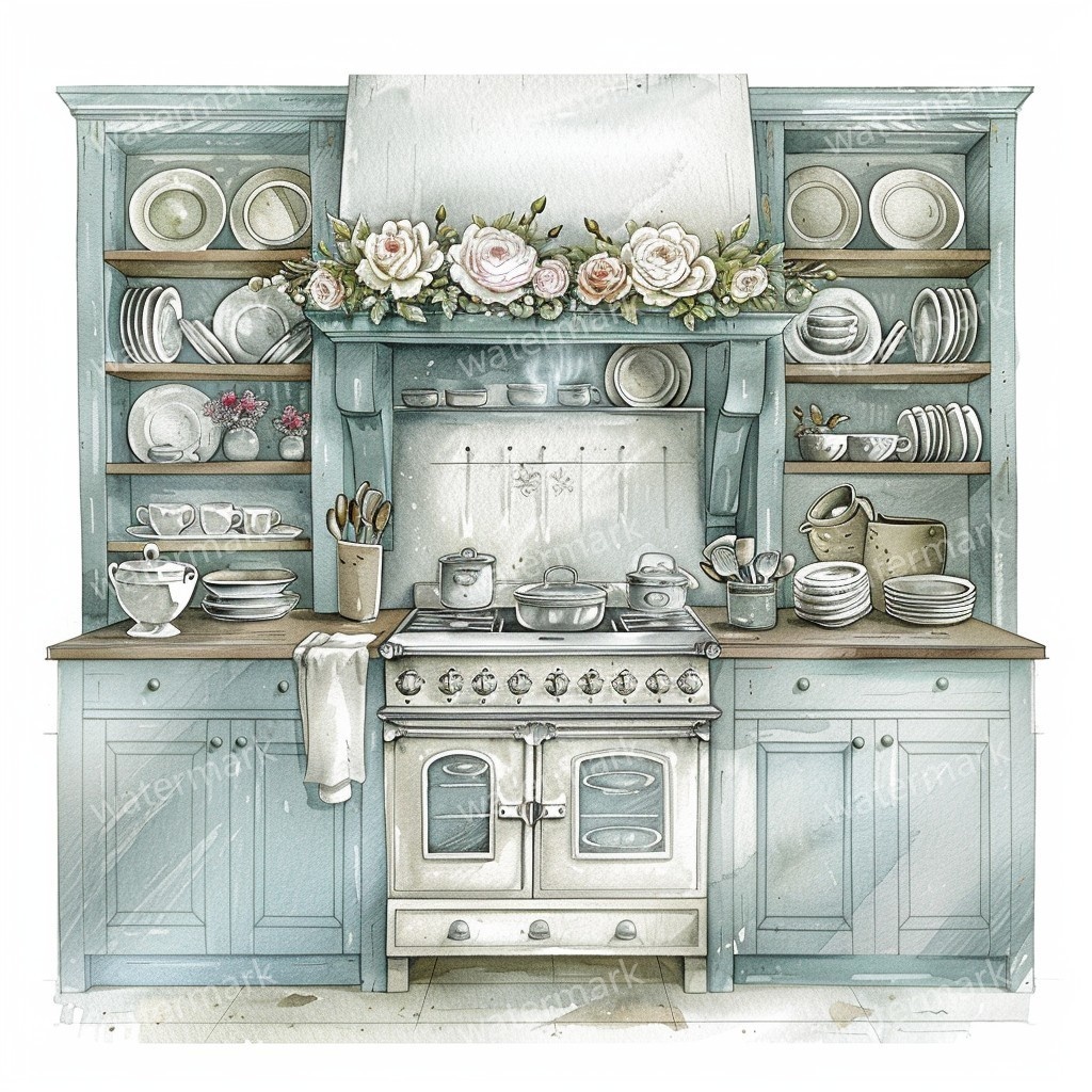 【商用利用可】ヴィンテージ花柄キッチン(水彩キッチン雑貨)クリップアート20点セット|高解像度JPG|ナチュラル・コラージュ・ジャンクジャーナル素材|即ダウンロード