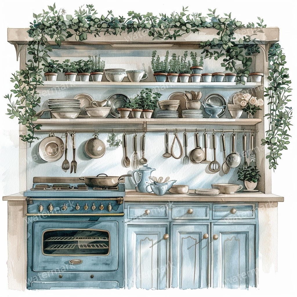【商用利用可】ヴィンテージ花柄キッチン(水彩キッチン雑貨)クリップアート20点セット|高解像度JPG|ナチュラル・コラージュ・ジャンクジャーナル素材|即ダウンロード