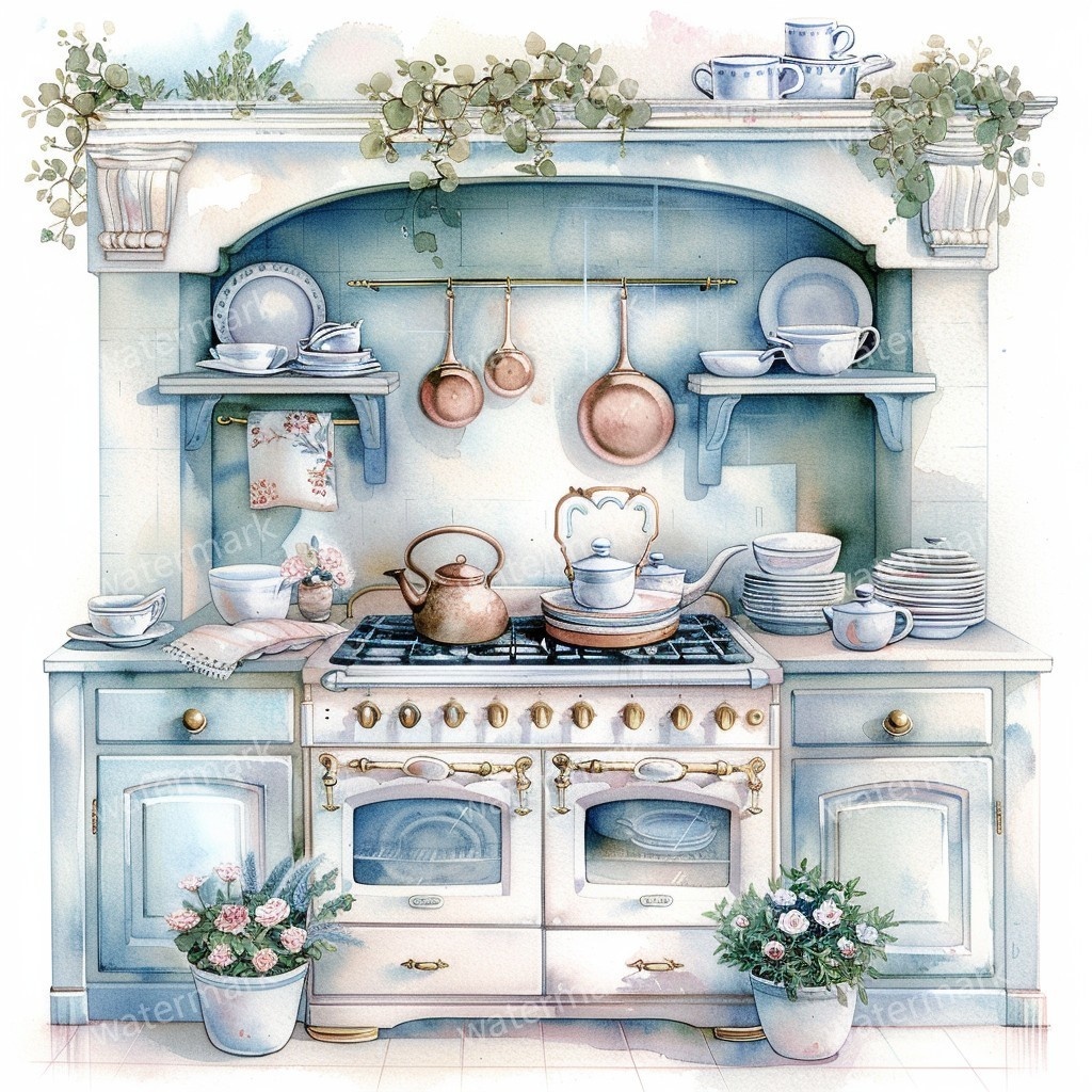【商用利用可】ヴィンテージ花柄キッチン(水彩キッチン雑貨)クリップアート20点セット|高解像度JPG|ナチュラル・コラージュ・ジャンクジャーナル素材|即ダウンロード