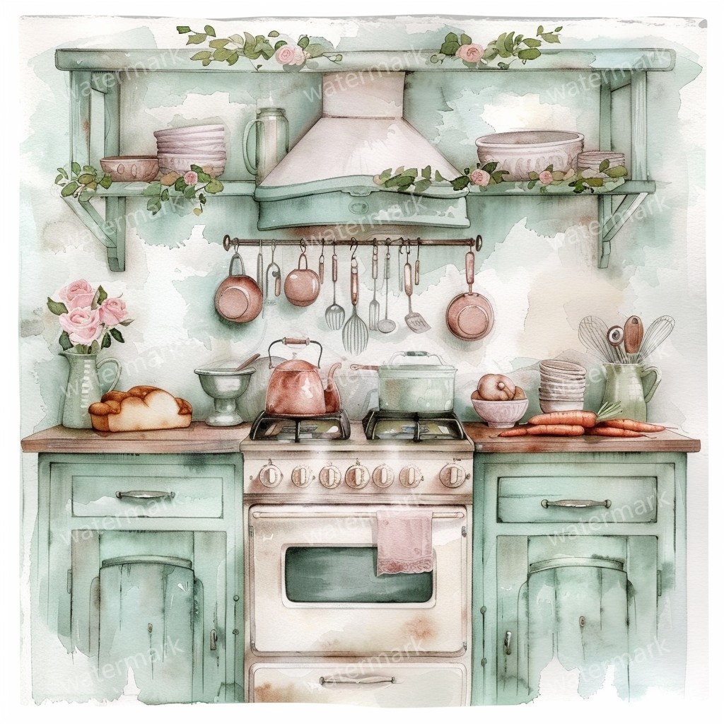 【商用利用可】ヴィンテージ花柄キッチン(水彩キッチン雑貨)クリップアート20点セット|高解像度JPG|ナチュラル・コラージュ・ジャンクジャーナル素材|即ダウンロード