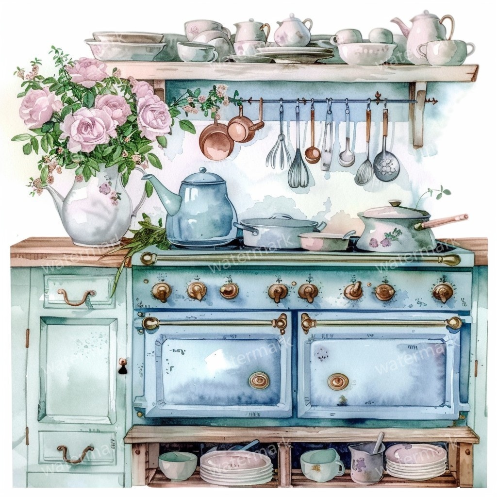 【商用利用可】ヴィンテージ花柄キッチン(水彩キッチン雑貨)クリップアート20点セット|高解像度JPG|ナチュラル・コラージュ・ジャンクジャーナル素材|即ダウンロード
