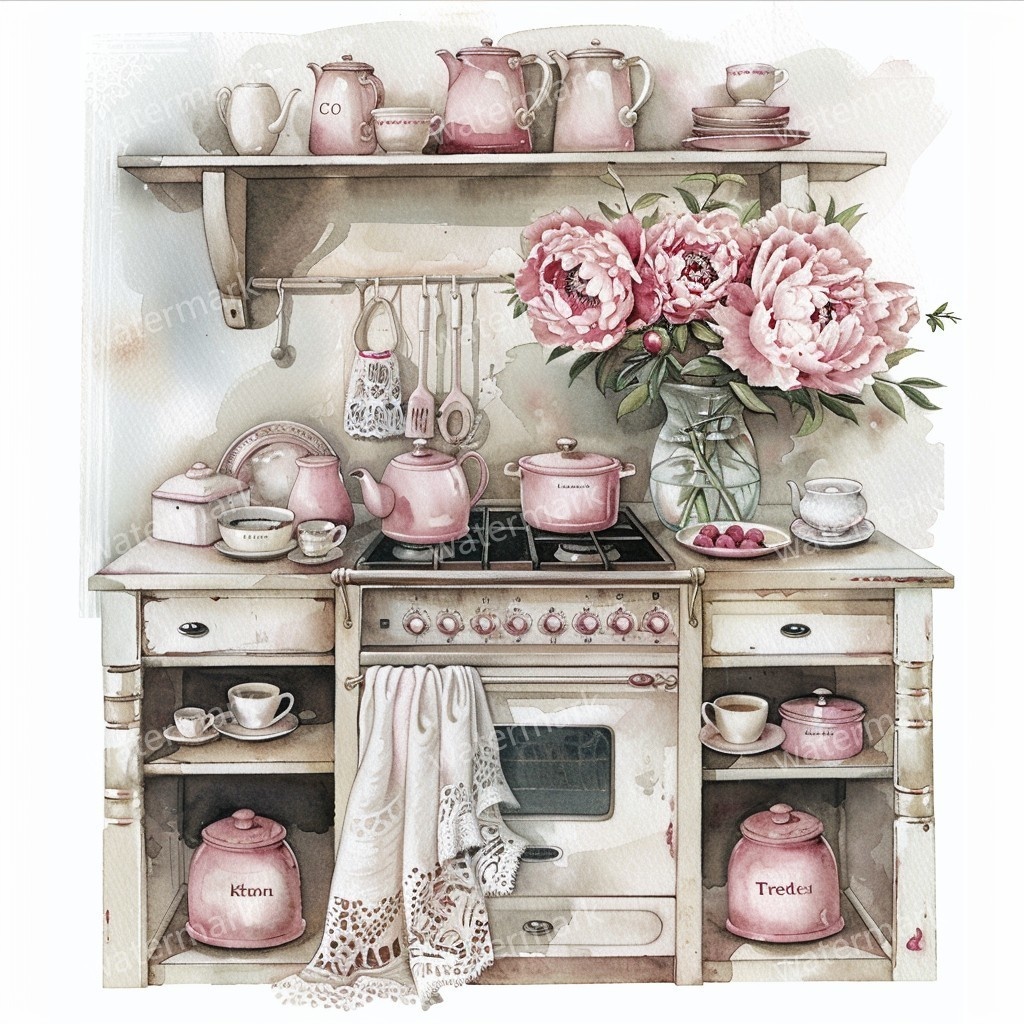 【商用利用可】ヴィンテージ花柄キッチン(水彩キッチン雑貨)クリップアート20点セット|高解像度JPG|ナチュラル・コラージュ・ジャンクジャーナル素材|即ダウンロード