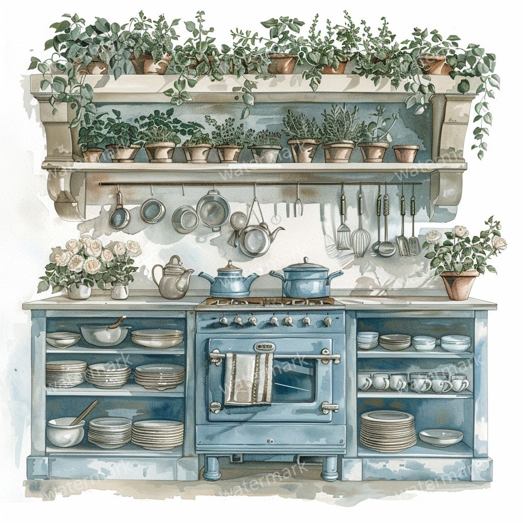 【商用利用可】ヴィンテージ花柄キッチン(水彩キッチン雑貨)クリップアート20点セット|高解像度JPG|ナチュラル・コラージュ・ジャンクジャーナル素材|即ダウンロード