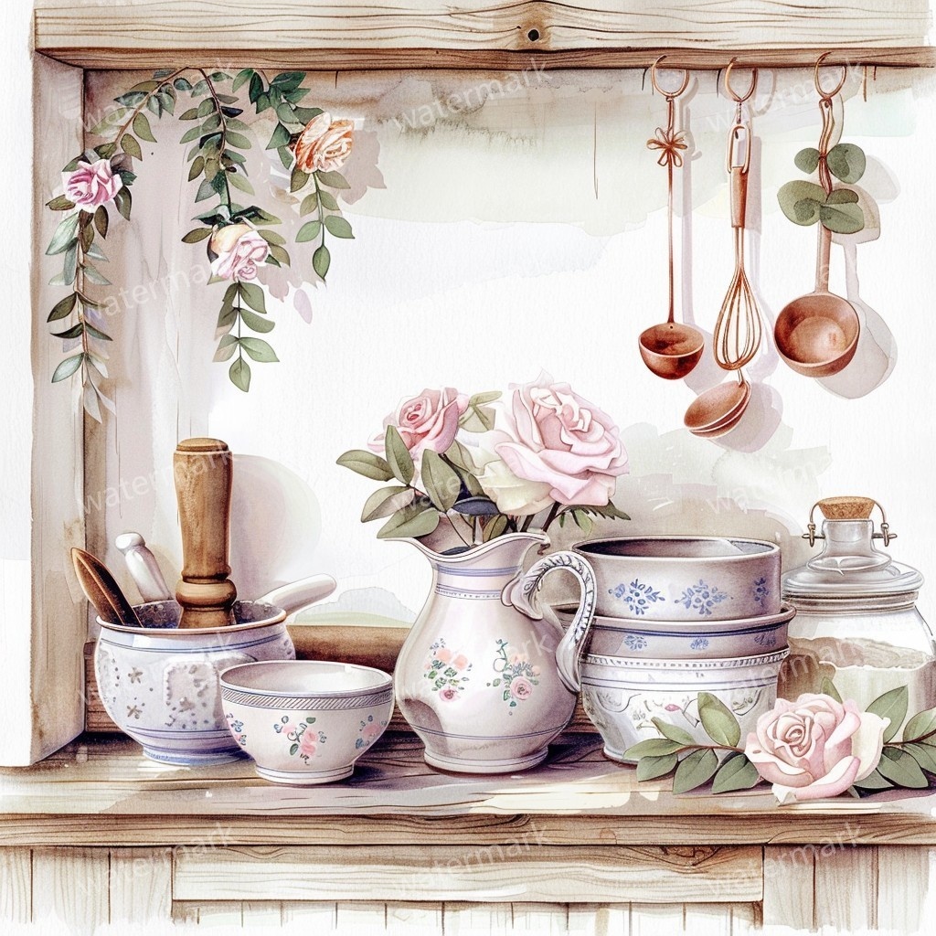 【商用利用可】ヴィンテージ花柄キッチン(水彩キッチン雑貨)クリップアート20点セット|高解像度JPG|ナチュラル・コラージュ・ジャンクジャーナル素材|即ダウンロード