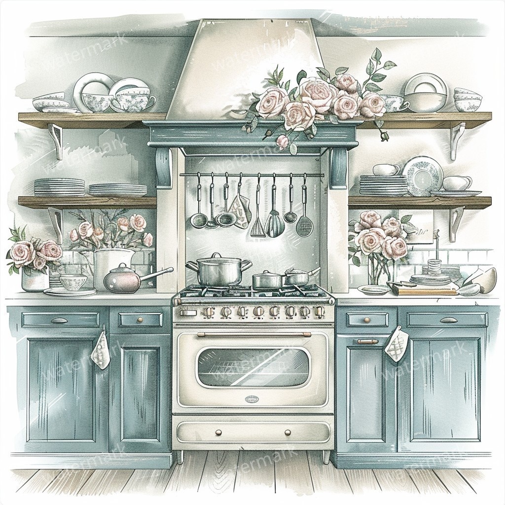 【商用利用可】ヴィンテージ花柄キッチン(水彩キッチン雑貨)クリップアート20点セット|高解像度JPG|ナチュラル・コラージュ・ジャンクジャーナル素材|即ダウンロード