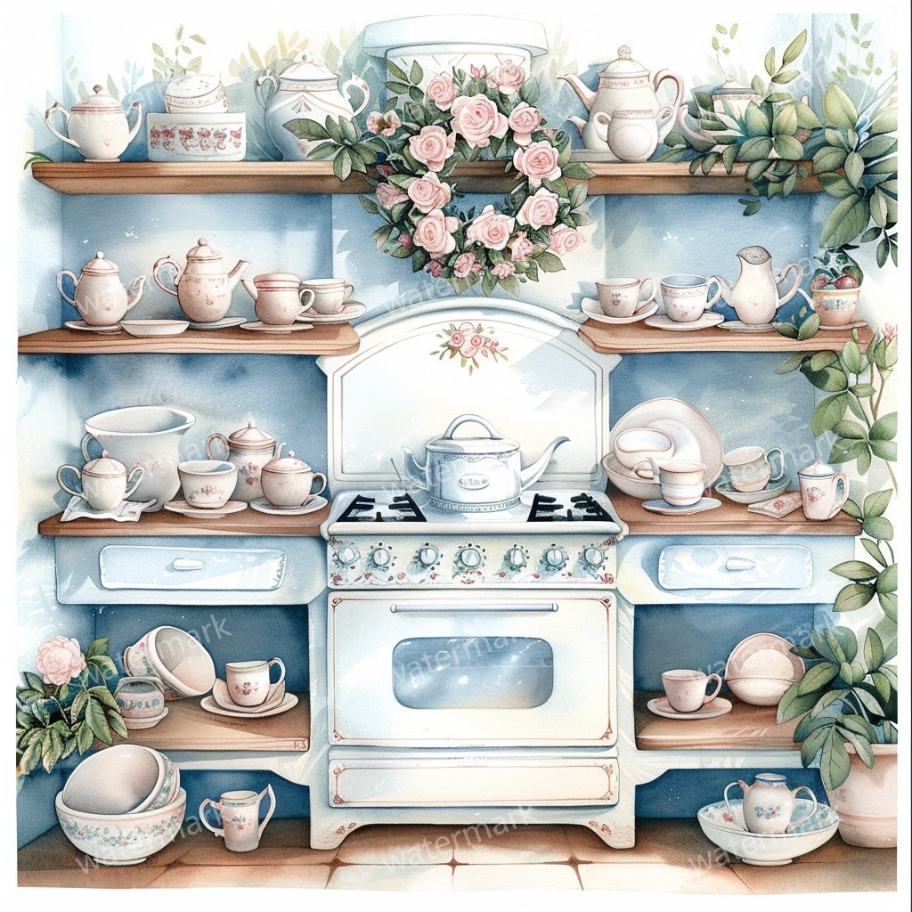 【商用利用可】ヴィンテージ花柄キッチン(水彩キッチン雑貨)クリップアート20点セット|高解像度JPG|ナチュラル・コラージュ・ジャンクジャーナル素材|即ダウンロード