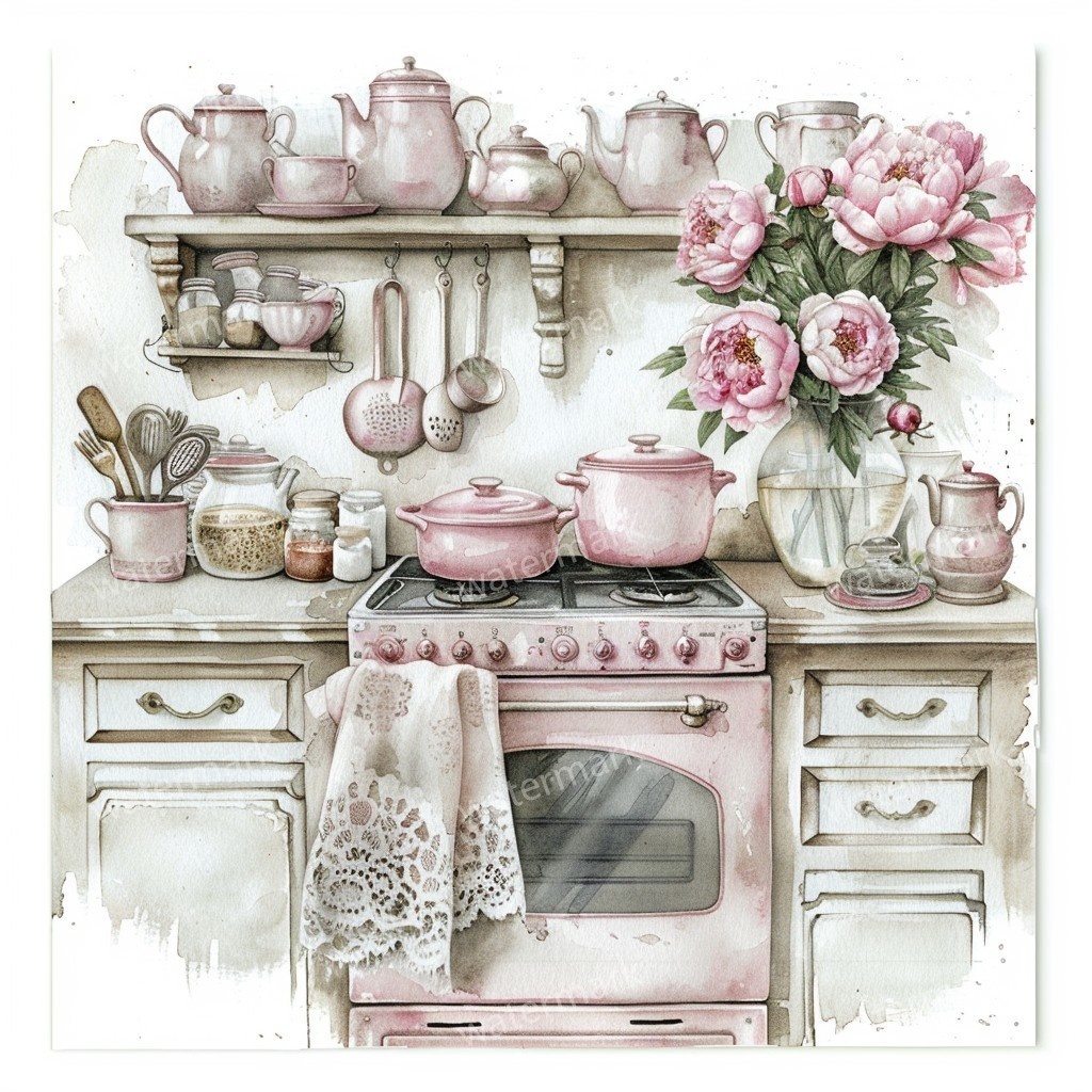 【商用利用可】ヴィンテージ花柄キッチン(水彩キッチン雑貨)クリップアート20点セット|高解像度JPG|ナチュラル・コラージュ・ジャンクジャーナル素材|即ダウンロード
