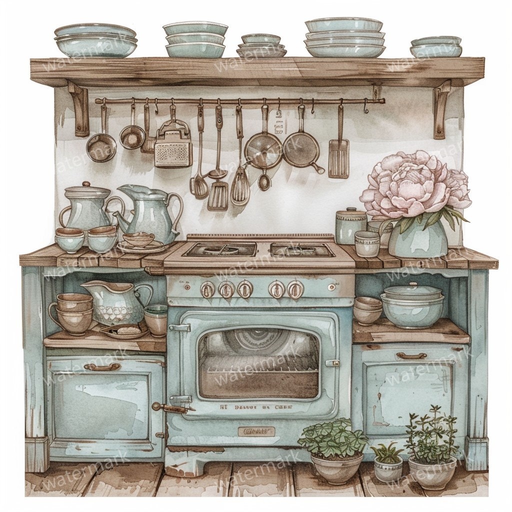 【商用利用可】ヴィンテージ花柄キッチン(水彩キッチン雑貨)クリップアート20点セット|高解像度JPG|ナチュラル・コラージュ・ジャンクジャーナル素材|即ダウンロード