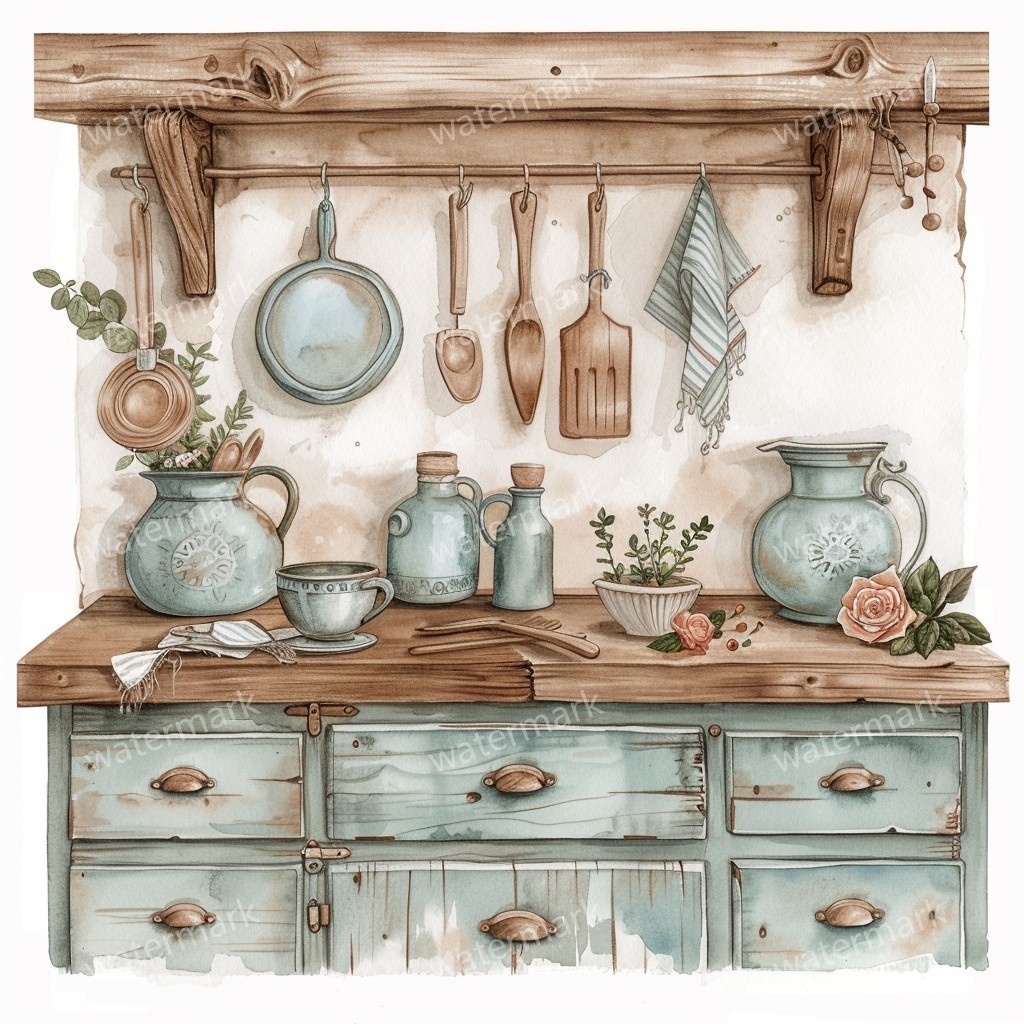 【商用利用可】ヴィンテージ花柄キッチン(水彩キッチン雑貨)クリップアート20点セット|高解像度JPG|ナチュラル・コラージュ・ジャンクジャーナル素材|即ダウンロード
