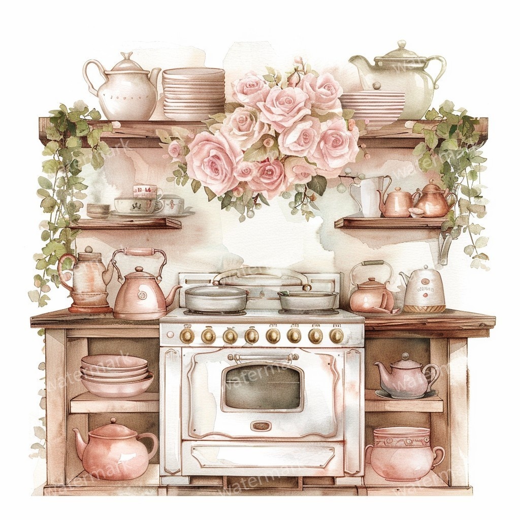 【商用利用可】ヴィンテージ花柄キッチン(水彩キッチン雑貨)クリップアート20点セット|高解像度JPG|ナチュラル・コラージュ・ジャンクジャーナル素材|即ダウンロード