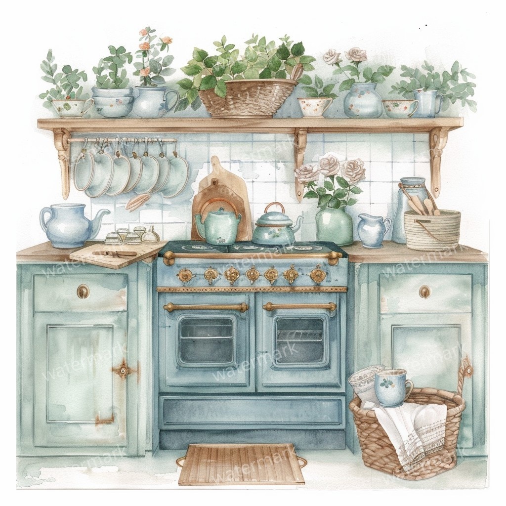 【商用利用可】ヴィンテージ花柄キッチン(水彩キッチン雑貨)クリップアート20点セット|高解像度JPG|ナチュラル・コラージュ・ジャンクジャーナル素材|即ダウンロード