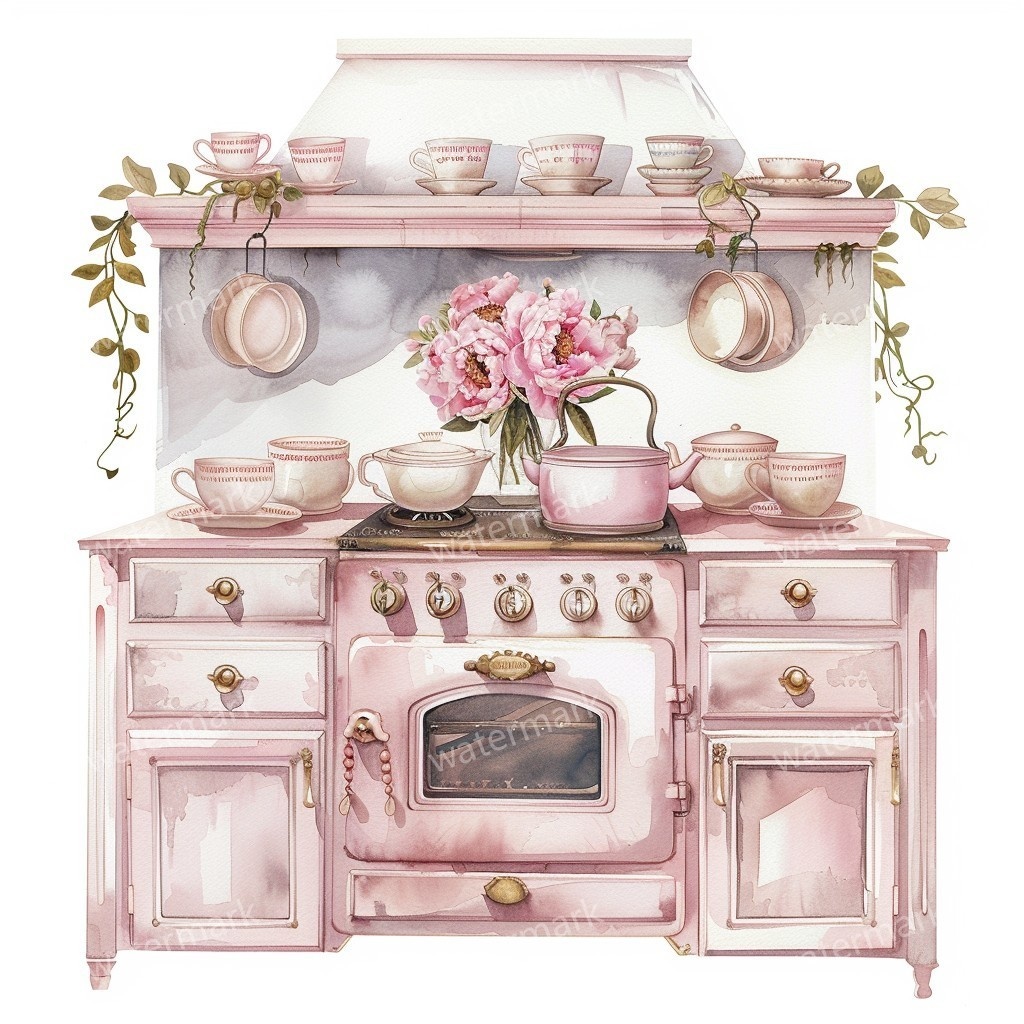 【商用利用可】ヴィンテージ花柄キッチン(水彩キッチン雑貨)クリップアート20点セット|高解像度JPG|ナチュラル・コラージュ・ジャンクジャーナル素材|即ダウンロード