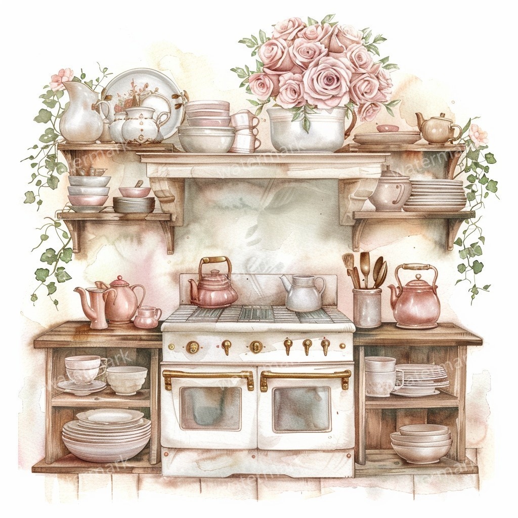 【商用利用可】ヴィンテージ花柄キッチン(水彩キッチン雑貨)クリップアート20点セット|高解像度JPG|ナチュラル・コラージュ・ジャンクジャーナル素材|即ダウンロード