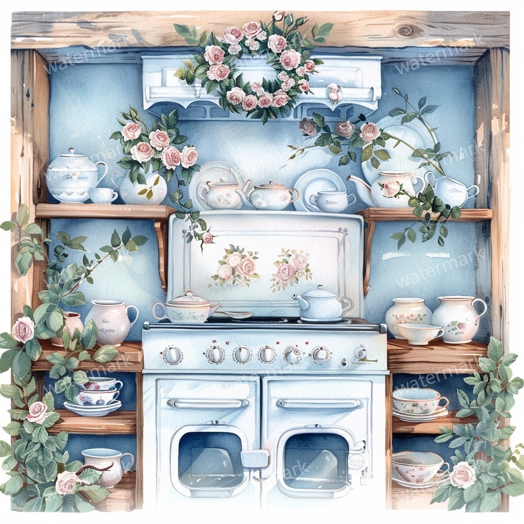 【商用利用可】ヴィンテージ花柄キッチン(水彩キッチン雑貨)クリップアート20点セット|高解像度JPG|ナチュラル・コラージュ・ジャンクジャーナル素材|即ダウンロード