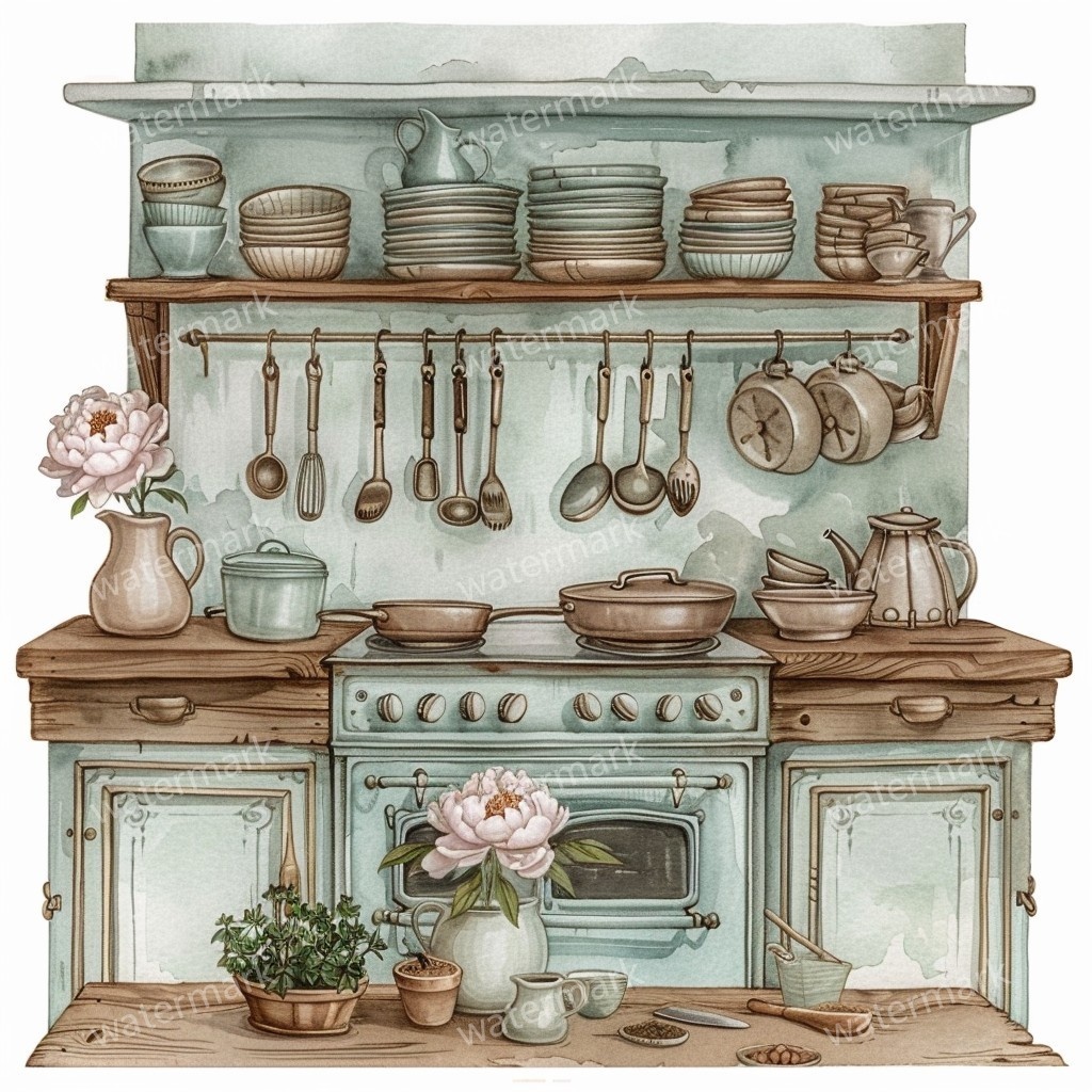 【商用利用可】ヴィンテージ花柄キッチン(水彩キッチン雑貨)クリップアート20点セット|高解像度JPG|ナチュラル・コラージュ・ジャンクジャーナル素材|即ダウンロード