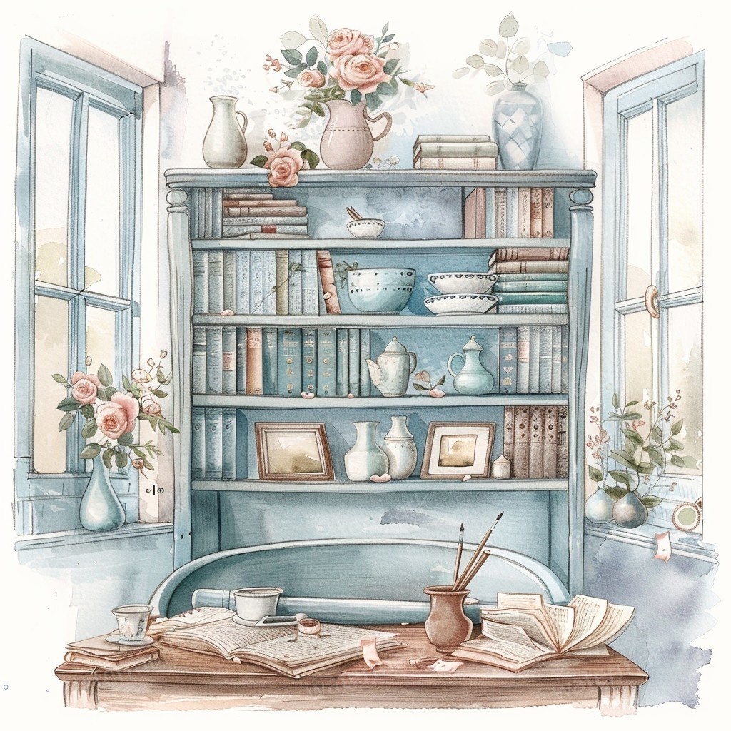 【商用利用可】ヴィンテージ本棚(水彩ブックシェルフ)クリップアート10点セット|高解像度JPG|アンティーク家具・コラージュ・ジャンクジャーナル素材|即ダウンロード