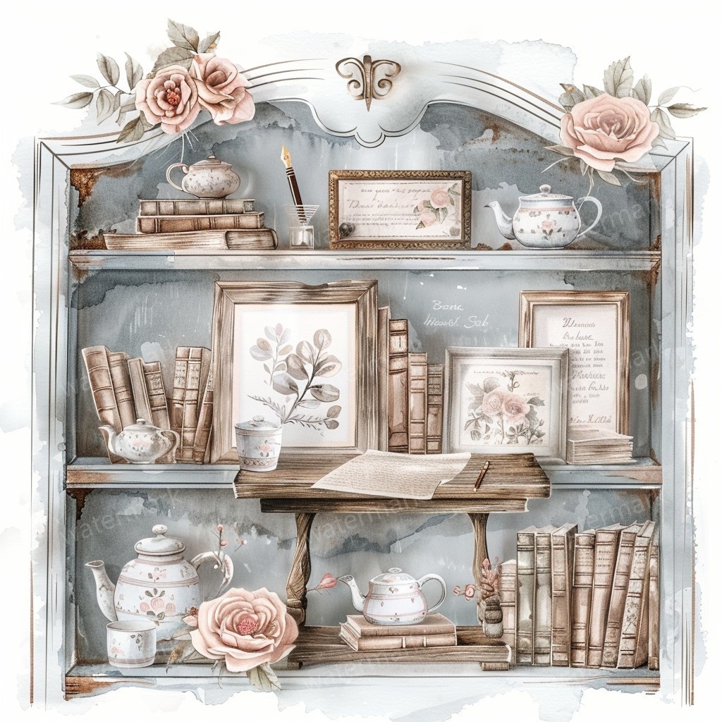 【商用利用可】ヴィンテージ本棚（水彩ブックシェルフ）クリップアート10点セット｜高解像度JPG｜アンティーク家具・コラージュ・ジャンクジャーナル素材｜即ダウンロード