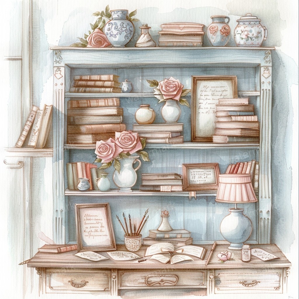 【商用利用可】ヴィンテージ本棚(水彩ブックシェルフ)クリップアート10点セット|高解像度JPG|アンティーク家具・コラージュ・ジャンクジャーナル素材|即ダウンロード