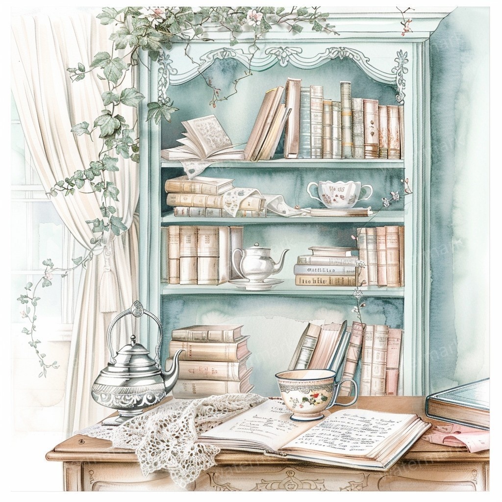 【商用利用可】ヴィンテージ本棚(水彩ブックシェルフ)クリップアート10点セット|高解像度JPG|アンティーク家具・コラージュ・ジャンクジャーナル素材|即ダウンロード