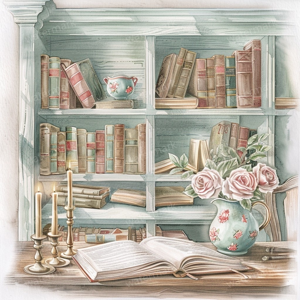 【商用利用可】ヴィンテージ本棚(水彩ブックシェルフ)クリップアート10点セット|高解像度JPG|アンティーク家具・コラージュ・ジャンクジャーナル素材|即ダウンロード
