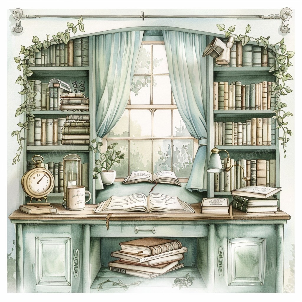 【商用利用可】ヴィンテージ本棚(水彩ブックシェルフ)クリップアート10点セット|高解像度JPG|アンティーク家具・コラージュ・ジャンクジャーナル素材|即ダウンロード