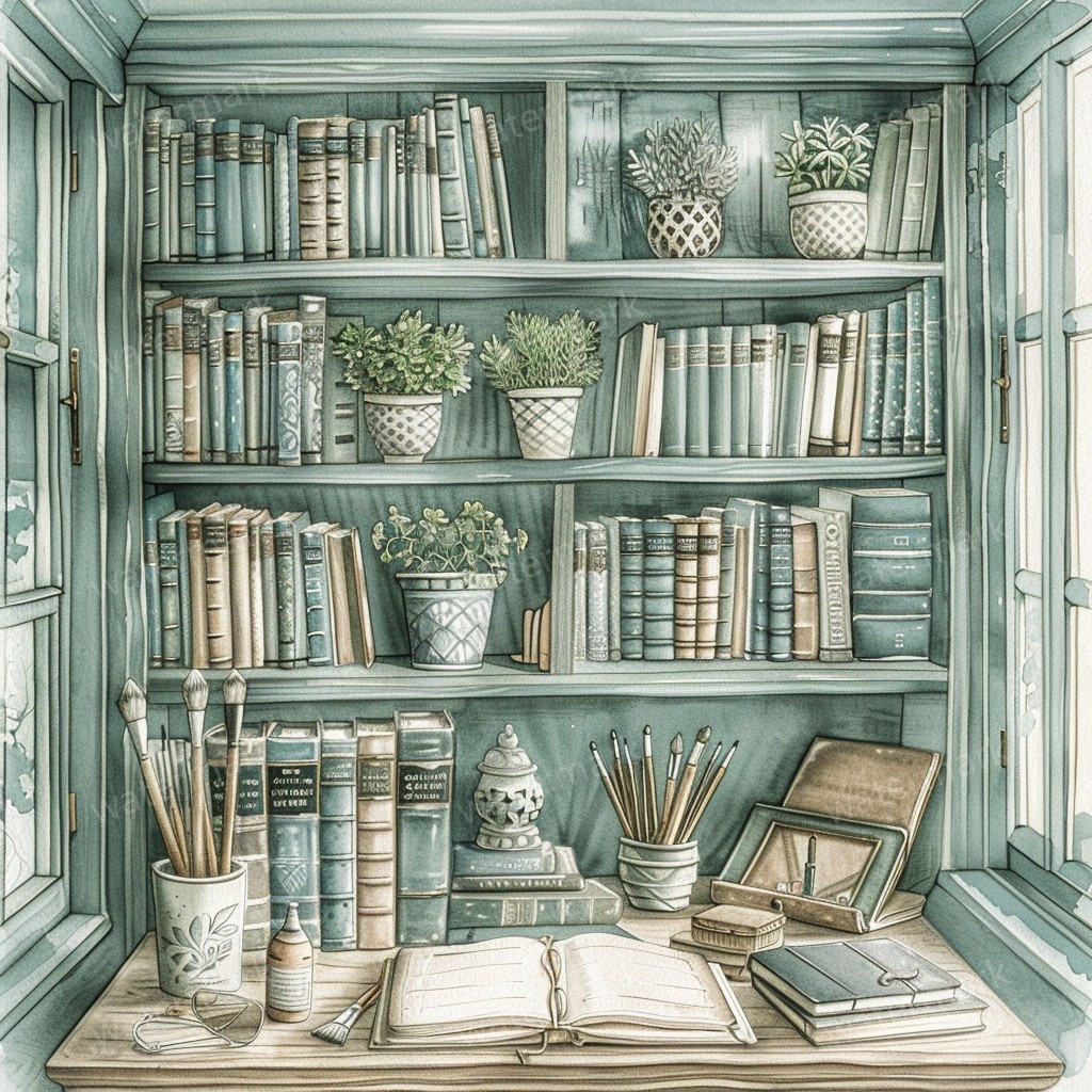 【商用利用可】ヴィンテージ本棚(水彩ブックシェルフ)クリップアート10点セット|高解像度JPG|アンティーク家具・コラージュ・ジャンクジャーナル素材|即ダウンロード