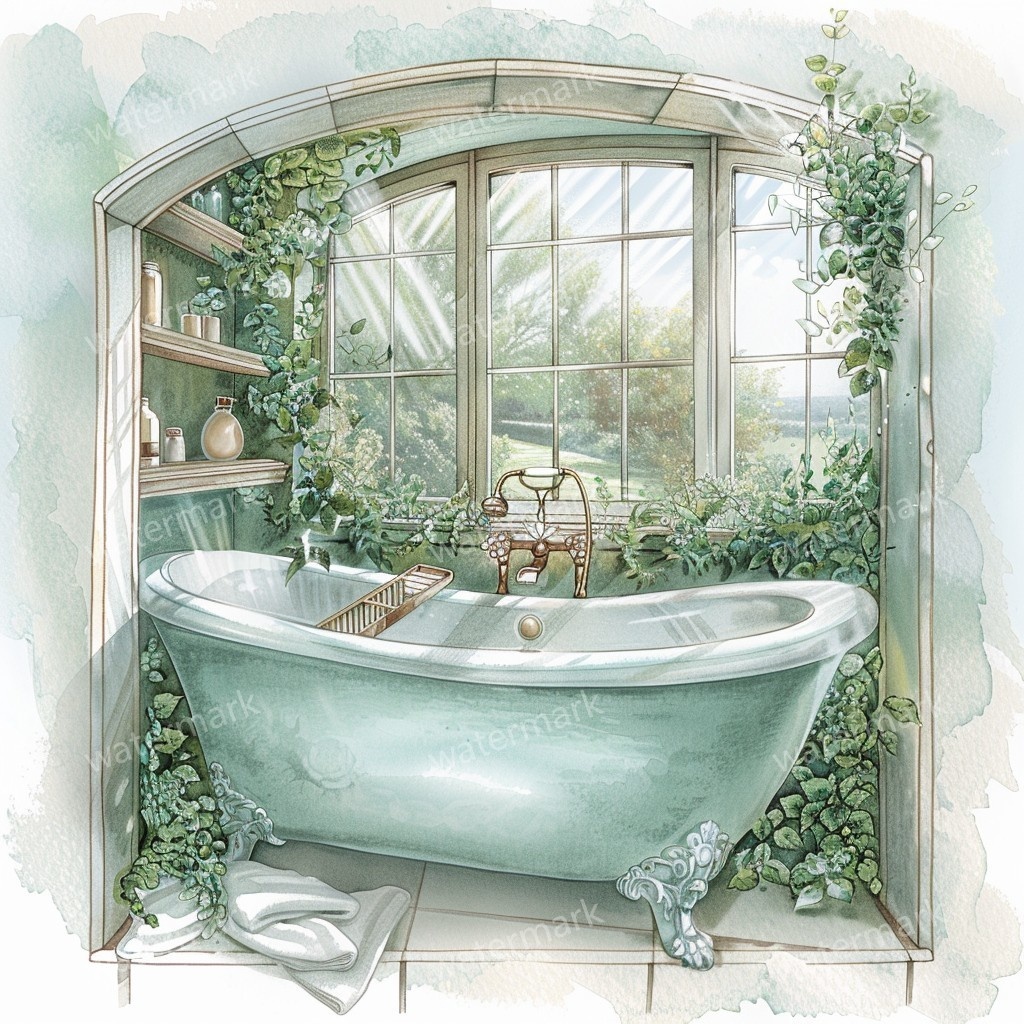 【商用利用可】ヴィンテージ花柄バスルーム(水彩バスルーム雑貨)クリップアート10点セット|高解像度JPG|ナチュラル・コラージュ・ジャンクジャーナル素材|即ダウンロード