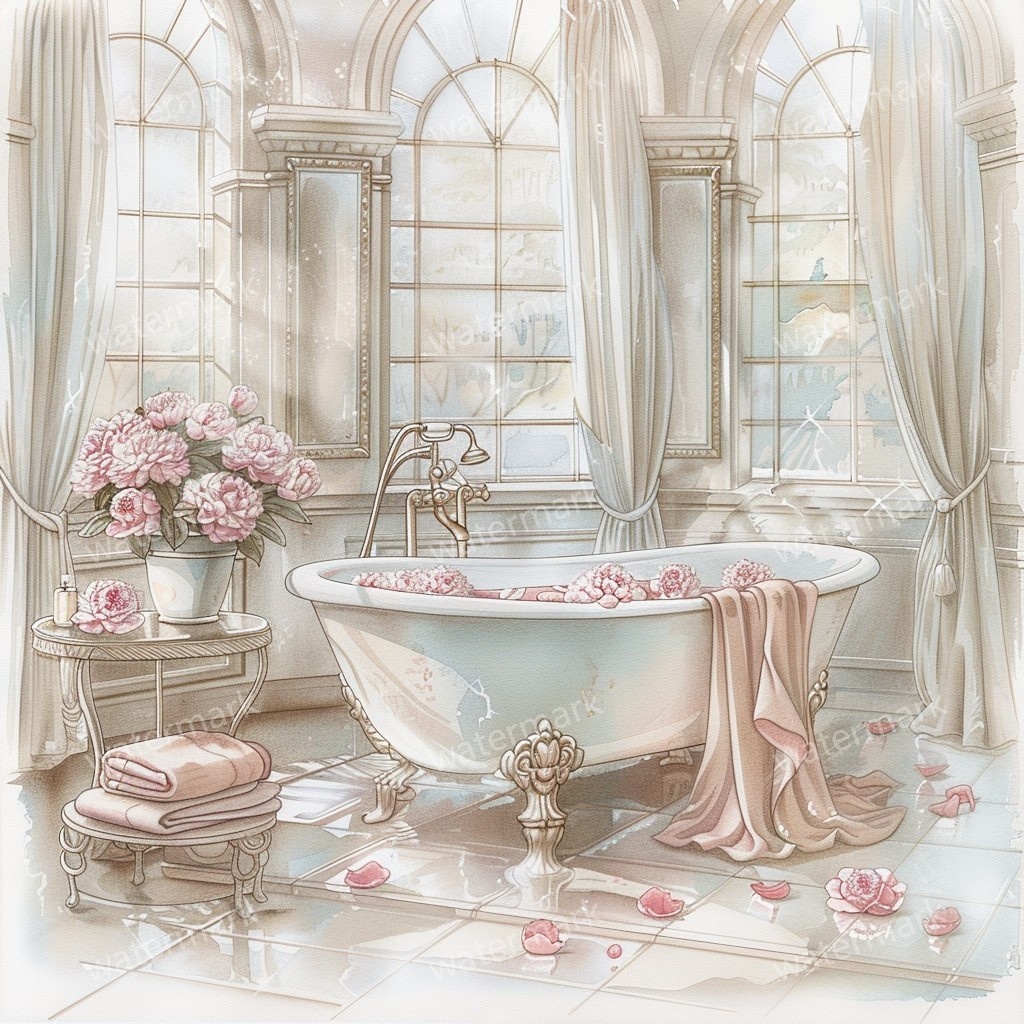 【商用利用可】ヴィンテージ花柄バスルーム(水彩バスルーム雑貨)クリップアート10点セット|高解像度JPG|ナチュラル・コラージュ・ジャンクジャーナル素材|即ダウンロード
