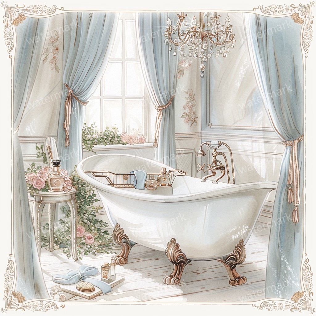 【商用利用可】ヴィンテージ花柄バスルーム(水彩バスルーム雑貨)クリップアート10点セット|高解像度JPG|ナチュラル・コラージュ・ジャンクジャーナル素材|即ダウンロード