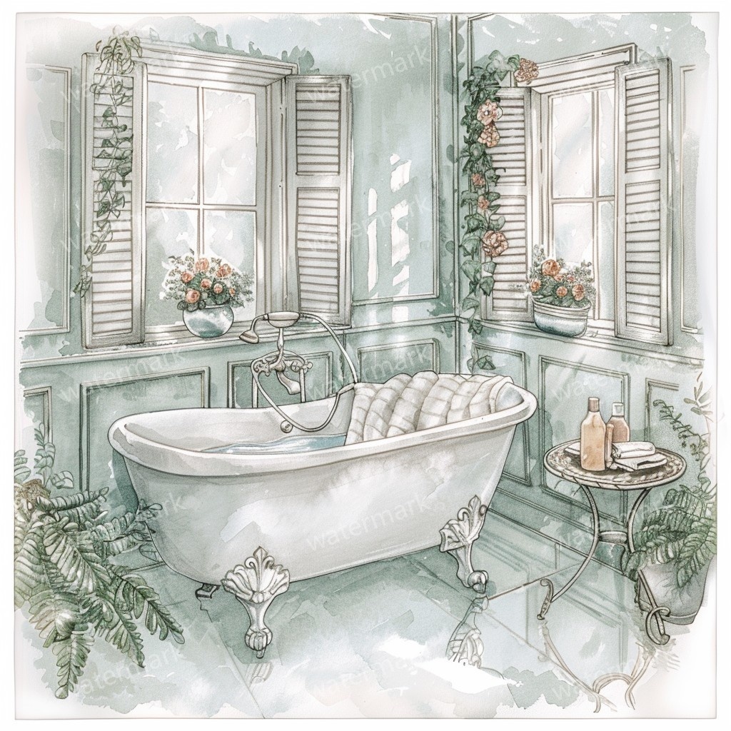 【商用利用可】ヴィンテージ花柄バスルーム(水彩バスルーム雑貨)クリップアート10点セット|高解像度JPG|ナチュラル・コラージュ・ジャンクジャーナル素材|即ダウンロード
