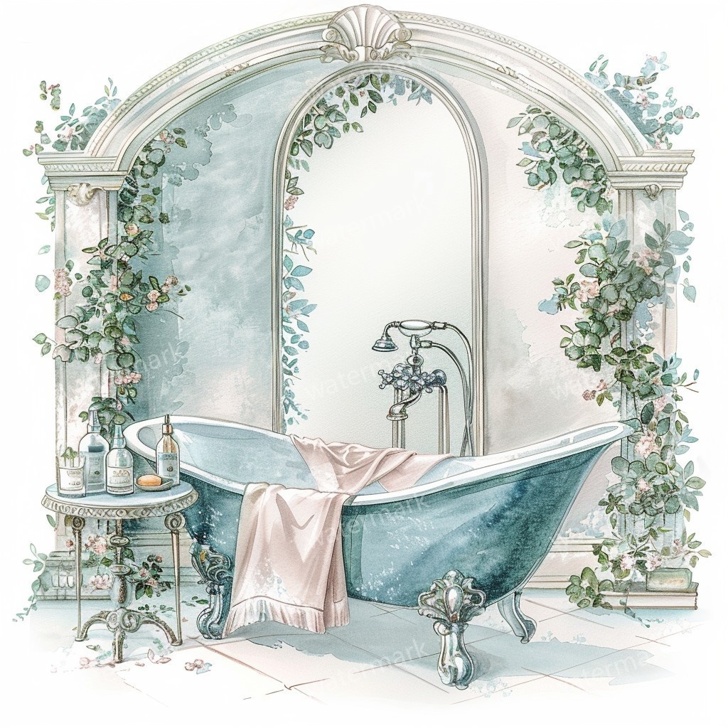 【商用利用可】ヴィンテージ花柄バスルーム(水彩バスルーム雑貨)クリップアート10点セット|高解像度JPG|ナチュラル・コラージュ・ジャンクジャーナル素材|即ダウンロード