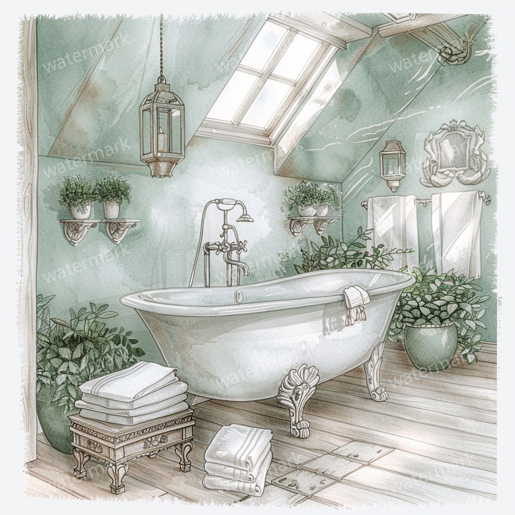 【商用利用可】ヴィンテージ花柄バスルーム(水彩バスルーム雑貨)クリップアート10点セット|高解像度JPG|ナチュラル・コラージュ・ジャンクジャーナル素材|即ダウンロード