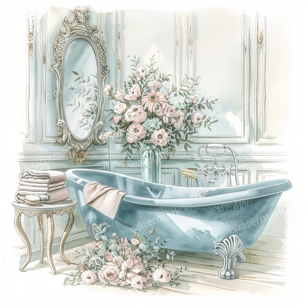 【商用利用可】ヴィンテージ花柄バスルーム(水彩バスルーム雑貨)クリップアート10点セット|高解像度JPG|ナチュラル・コラージュ・ジャンクジャーナル素材|即ダウンロード