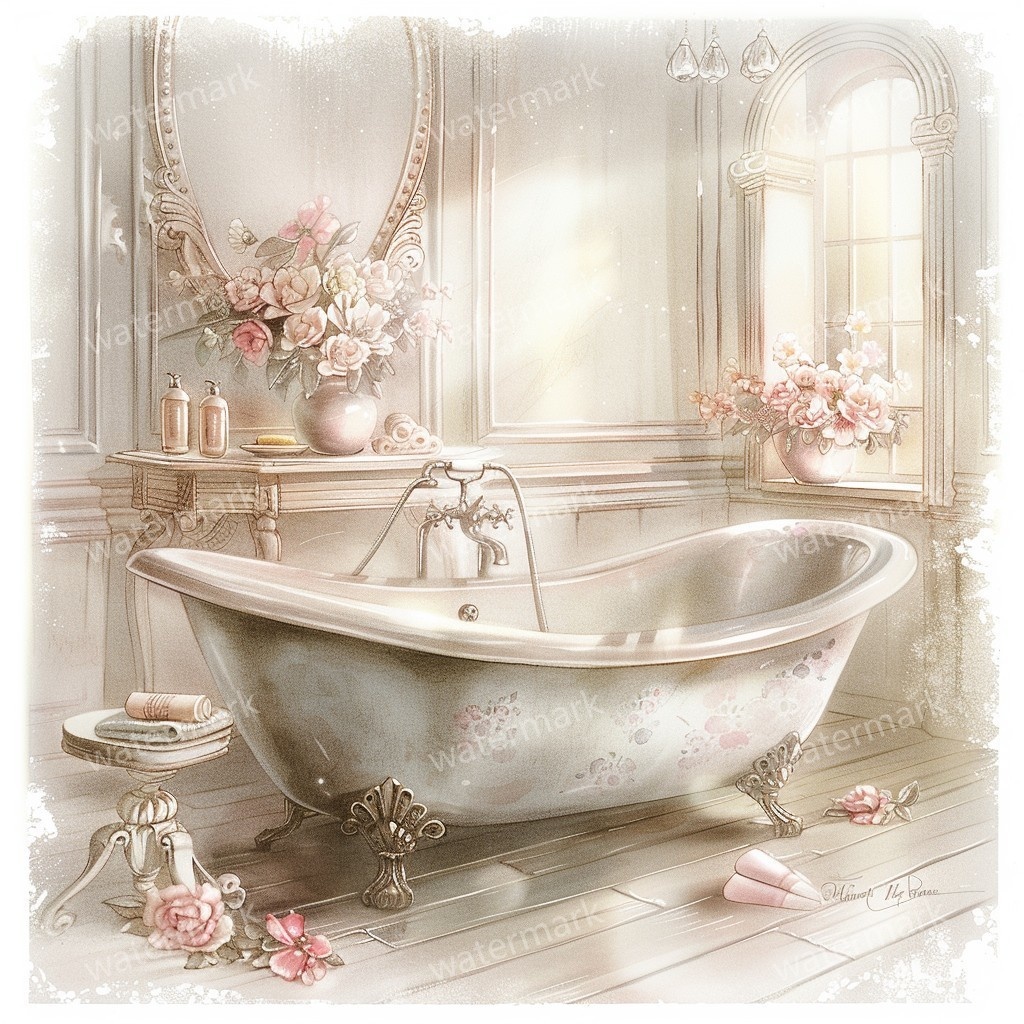 【商用利用可】ヴィンテージ花柄バスルーム(水彩バスルーム雑貨)クリップアート10点セット|高解像度JPG|ナチュラル・コラージュ・ジャンクジャーナル素材|即ダウンロード