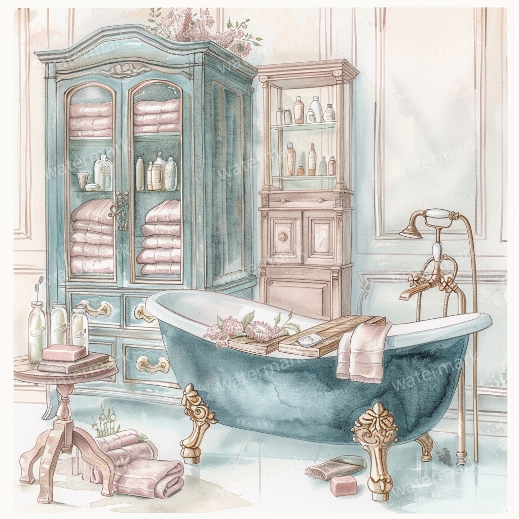 【商用利用可】ヴィンテージ花柄バスルーム(水彩バスルーム雑貨)クリップアート10点セット|高解像度JPG|ナチュラル・コラージュ・ジャンクジャーナル素材|即ダウンロード