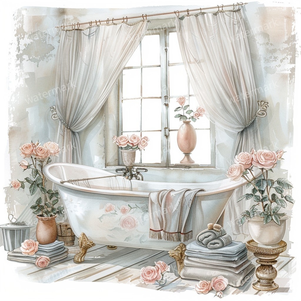 【商用利用可】ヴィンテージ花柄バスルーム(水彩バスルーム雑貨)クリップアート10点セット|高解像度JPG|ナチュラル・コラージュ・ジャンクジャーナル素材|即ダウンロード