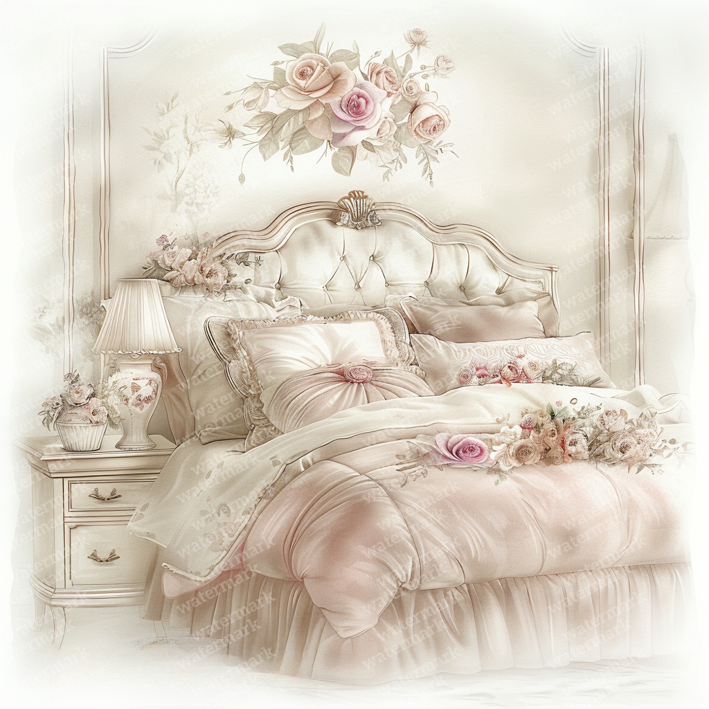 【商用利用可】ヴィンテージ花柄ベッドルーム(水彩インテリア)クリップアート13点セット|高解像度JPG|ナチュラル・コラージュ・ジャンクジャーナル素材|即ダウンロード