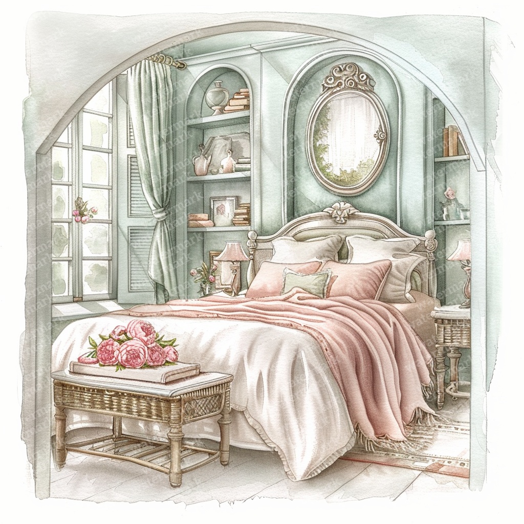 【商用利用可】ヴィンテージ花柄ベッドルーム(水彩インテリア)クリップアート13点セット|高解像度JPG|ナチュラル・コラージュ・ジャンクジャーナル素材|即ダウンロード